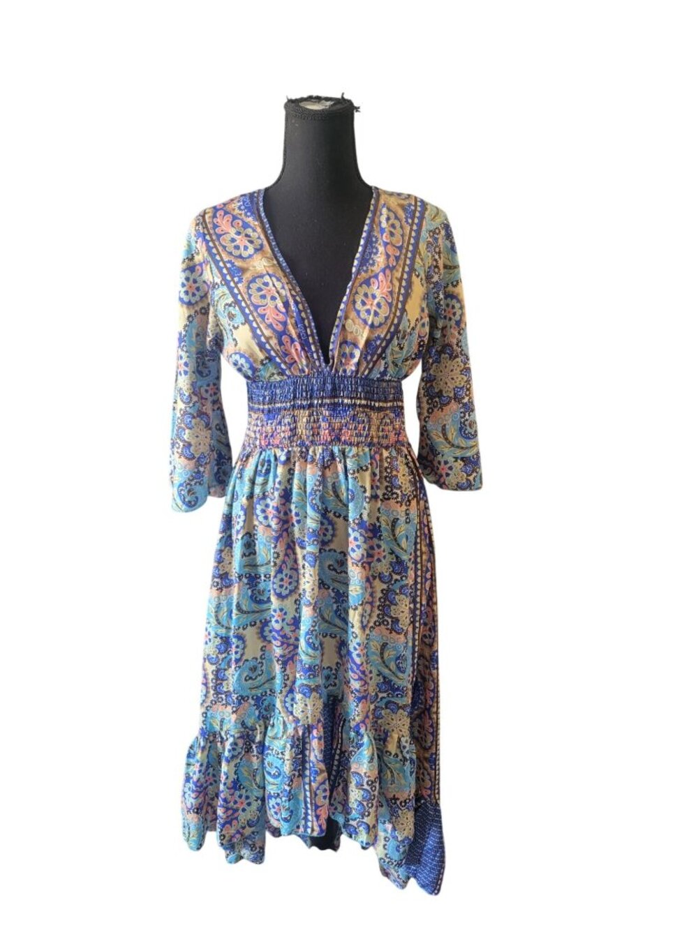Mauni bohemian-Style dress vibrant blue paisley print smocked waist High Low - Picture 2 of 12